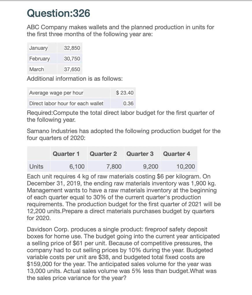 Question:326
ABC Company makes wallets and the planned production in units for
the first three months of the following year are:
January
32,850
February
30,750
March
37,650
Additional information is as follows:
Average wage per hour
$23.40
0.36
Direct labor hour for each wallet
Required:Compute the total direct labor budget for the first quarter of
the following year.
Samano Industries has adopted the following production budget for the
four quarters of 2020:
Units
Quarter 1 Quarter 2 Quarter 3
6,100
7,800
9,200
Quarter 4
10,200
Each unit requires 4 kg of raw materials costing $6 per kilogram. On
December 31, 2019, the ending raw materials inventory was 1,900 kg.
Management wants to have a raw materials inventory at the beginning
of each quarter equal to 30% of the current quarter's production
requirements. The production budget for the first quarter of 2021 will be
12,200 units. Prepare a direct materials purchases budget by quarters
for 2020.
Davidson Corp. produces a single product: fireproof safety deposit
boxes for home use. The budget going into the current year anticipated
a selling price of $61 per unit. Because of competitive pressures, the
company had to cut selling prices by 10% during the year. Budgeted
variable costs per unit are $38, and budgeted total fixed costs are
$159,000 for the year. The anticipated sales volume for the year was
13,000 units. Actual sales volume was 5% less than budget. What was
the sales price variance for the year?