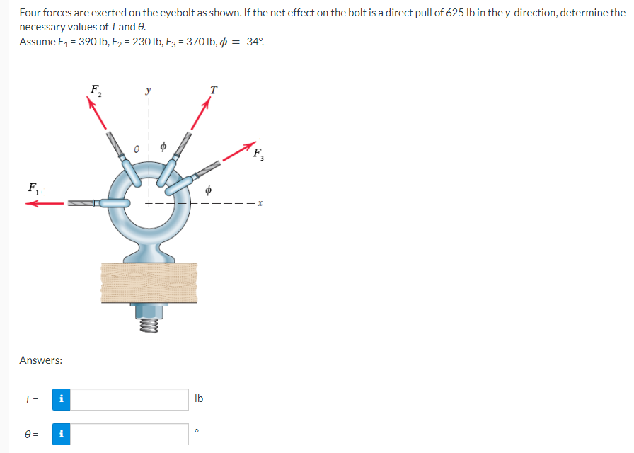 Four forces are exerted on the eyebolt as shown. If the net effect on the bolt is a direct pull of 625 lb in the y-direction, determine the
necessary values of T and 0.
Assume F₁ = 390 lb, F₂ = 230 lb, F3 = 370 lb, d = 34°
F,
F,
F₁
Answers:
T=
i
0=
D
+-
lb
x