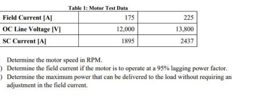 Table 1: Motor Test Data
Field Current [A]
175
225
OC Line Voltage [V]
12,000
13,800
SC Current [A]
1895
2437
Determine the motor speed in RPM.
) Determine the field current if the motor is to operate at a 95% lagging power factor.
) Determine the maximum power that can be delivered to the load without requiring an
adjustment in the field current.
