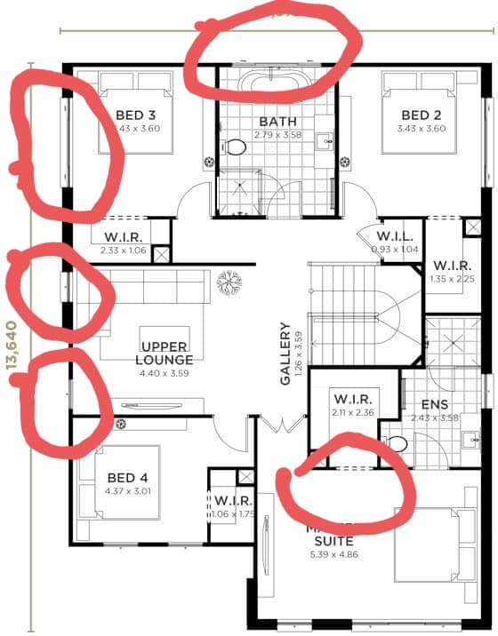 BED 3
43 x 3.60
BED 2
BATH
2.79 x 3,58
3.43 x 3.60
W.I.R.
2.33 x 1.06
W.I.L.
0.93 x 104
W.I.R.
1.35 x 225
UPPER
LOUNGE
4.40 x 3.59
W.I.R.
ENS
24$ xs.58
2.11 x 2.36
BED 4
4,37 x 3.01
"w.I.R.
1.06 x 1,75
SUITE
5.39 x 4.86
13,640
GALLERY
1.26 x 3.59
