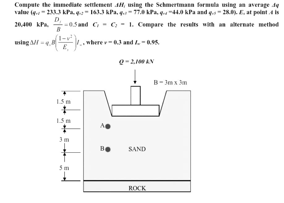 Compute the immediate settlement 4H; using the Schmertmann formula using an average 4q
value (qv = 233.3 kPa, qv2 = 163.3 kPa, qv3 = 77.0 kPa, qv4 =44.0 kPa and qv5 = 28.0). E, at point A is
20,400 kPa,
using AH = q B
= 0.5 and C₁ = C₂ = 1. Compare the results with an alternate method
B
E
S
1.5 m
#
1.5 m
#
3 m
5m
I, where v=0.3 and I = 0.95.
A
B
Q=2,100 KN
SAND
ROCK
B = 3m x 3m