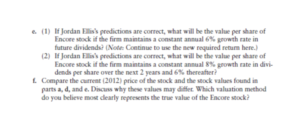 e. (1) If Jordan Ellis's predictions are correct, what will be the value per share of
Encore stock if the firm maintains a constant annual 6% growth rate in
future dividends? (Note: Continue to use the new required return here.)
(2) If Jordan Ellis's predictions are correct, what will be the value per share of
Encore stock if the firm maintains a constant annual 8% growth rate in divi-
dends per share over the next 2 years and 6% thereafter?
f. Compare the current (2012) price of the stock and the stock values found in
parts a, d, and e. Discuss why these values may differ. Which valuation method
do you believe most clearly represents the true value of the Encore stock?
