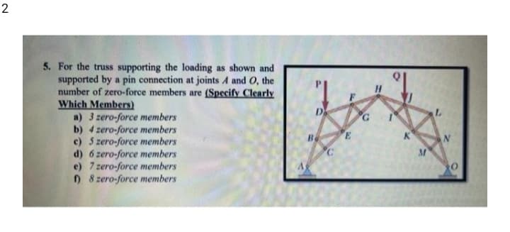 2
5. For the truss supporting the loading as shown and
supported by a pin connection at joints A and O, the
number of zero-force members are (Specify Clearly
Which Members)
a) 3 zero-force members
b) 4 zero-force members
c) 5 zero-force members
d) 6 zero-force members
e) 7 zero-force members
n 8 zero-force members
De
Be
M
