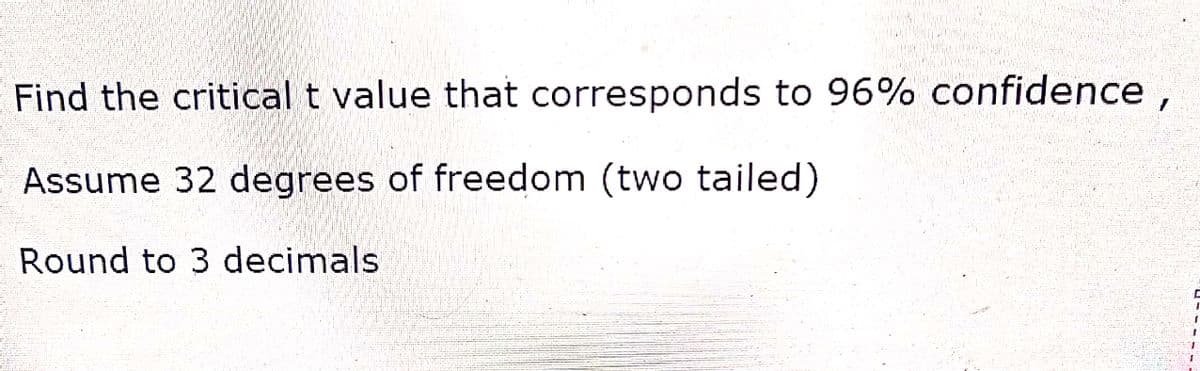 Find the critical t value that corresponds to 96% confidence,
Assume 32 degrees of freedom (two tailed)
Round to 3 decimals
1
I
1
T