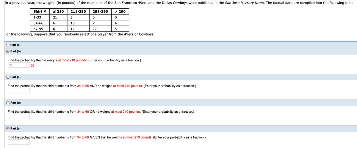 In a previous year, the weights (in pounds) of the members of the San Francisco 49ers and the Dallas Cowboys were published in the San Jose Mercury News. The factual data are compiled into the following table.
Shirt #
< 210
211-250
251-290
> 290
1-33
21
5
34-66
6
18
7
4
67-99
6
12
22
For the following, suppose that you randomly select one player from the 49ers or Cowboys.
+ Part (a)
O Part (b)
Find the probability that he weighs at most 210 pounds. (Enter your probability as a fraction.)
33
O Part (c)
Find the probability that his shirt number is from 34 to 66 AND he weighs at most 210 pounds. (Enter your probability as a fraction.)
O Part (d)
Find the probability that his shirt number is from 34 to 66 OR he weighs at most 210 pounds. (Enter your probability as a fraction.)
O Part (e)
Find the probability that his shirt number is from 34 to 66 GIVEN that he weighs at most 210 pounds. (Enter your probability as a fraction.)
