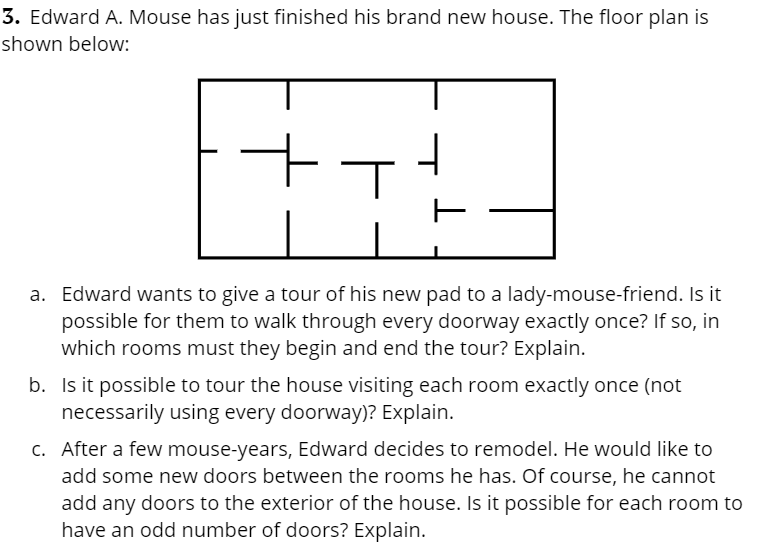 3. Edward A. Mouse has just finished his brand new house. The floor plan is
shown below:
a. Edward wants to give a tour of his new pad to a lady-mouse-friend. Is it
possible for them to walk through every doorway exactly once? If so, in
which rooms must they begin and end the tour? Explain.
b. Is it possible to tour the house visiting each room exactly once (not
necessarily using every doorway)? Explain.
c. After a few mouse-years, Edward decides to remodel. He would like to
add some new doors between the rooms he has. Of course, he cannot
add any doors to the exterior of the house. Is it possible for each room to
have an odd number of doors? Explain.
