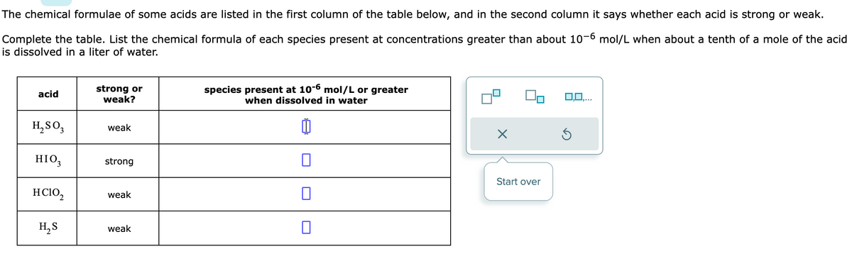 The chemical formulae of some acids are listed in the first column of the table below, and in the second column it says whether each acid is strong or weak.
Complete the table. List the chemical formula of each species present at concentrations greater than about 10-6 mol/L when about a tenth of a mole of the acid
is dissolved in a liter of water.
acid
H₂SO3
HIO3
HCIO2
H₂S
strong or
weak?
weak
strong
weak
weak
species present at 10-6 mol/L or greater
when dissolved in water
☐
0
0
0
X
Start over
0,0,...
Ś