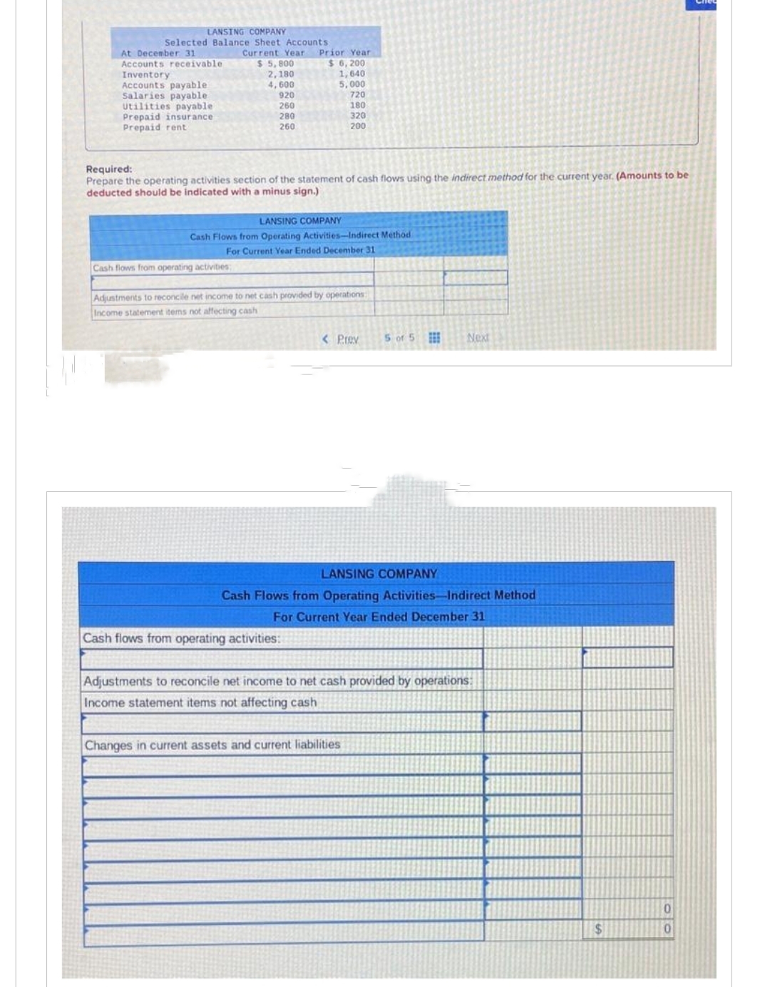 LANSING COMPANY
Selected Balance Sheet Accounts.
Current Year
At December 31
Accounts receivable
Inventory
Accounts payable.
Salaries payable.
Utilities payable
Prepaid insurance
Prepaid rent.
$5,800
2,180
4,600
920
260
280
260
Cash flows from operating activities;
Prior Year
$ 6,200
1,640
5,000
Required:
Prepare the operating activities section of the statement of cash flows using the indirect method for the current year. (Amounts to be
deducted should be indicated with a minus sign.)
LANSING COMPANY
Cash Flows from Operating Activities-Indirect Method
For Current Year Ended December 31
720
180
320
200
Cash flows from operating activities:
Adjustments to reconcile net income to net cash provided by operations
Income statement items not affecting cash
< Prev
5 of 5
LANSING COMPANY
Cash Flows from Operating Activities-Indirect Method
For Current Year Ended December 31
Changes in current assets and current liabilities
Next
Adjustments to reconcile net income to net cash provided by operations:
Income statement items not affecting cash
$