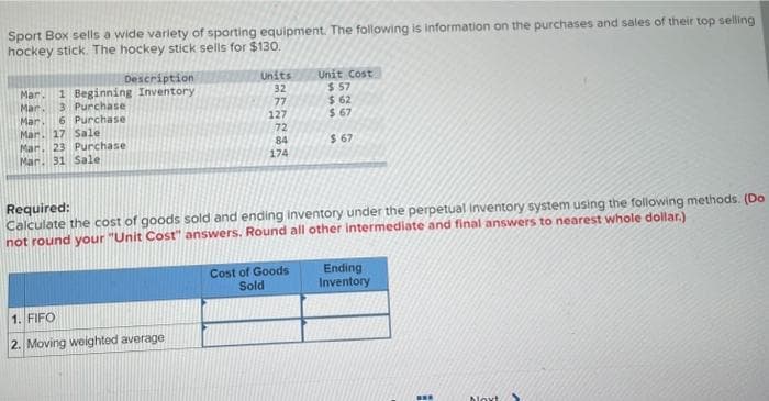 Sport Box sells a wide variety of sporting equipment. The following is information on the purchases and sales of their top selling
hockey stick. The hockey stick sells for $130.
Description
Mar. 1 Beginning Inventory
Mar 3 Purchase
Mar 6 Purchase
Mar. 17 Sale
Mar. 23 Purchase
Mar. 31 Sale
Units
32
1. FIFO
2. Moving weighted average
77
127
72
84
174
Unit Cost
$ 57
Required:
Calculate the cost of goods sold and ending inventory under the perpetual inventory system using the following methods. (Do
not round your "Unit Cost" answers. Round all other intermediate and final answers to nearest whole dollar.)
Cost of Goods
Sold
$.62
$67
$ 67
Ending
Inventory
www
Moxt