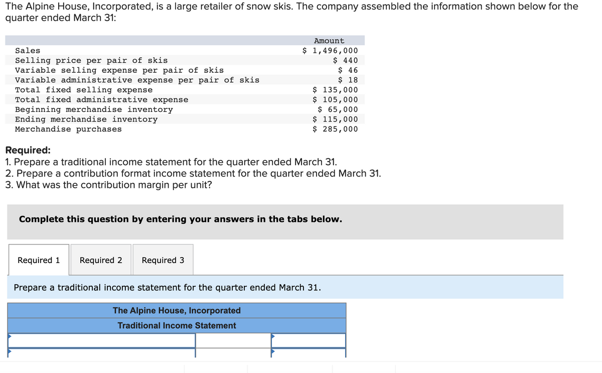 The Alpine House, Incorporated, is a large retailer of snow skis. The company assembled the information shown below for the
quarter ended March 31:
Sales
Selling price per pair of skis
Variable selling expense per pair of skis
Variable administrative expense per pair of skis
Total fixed selling expense
Total fixed administrative expense
Beginning merchandise inventory
Ending merchandise inventory
Merchandise purchases
Amount
$ 1,496,000
$ 440
$ 46
$ 18
$ 135,000
$ 105,000
$ 65,000
Required:
1. Prepare a traditional income statement for the quarter ended March 31.
2. Prepare a contribution format income statement for the quarter ended March 31.
3. What was the contribution margin per unit?
Required 1 Required 2
$ 115,000
$ 285,000
Complete this question by entering your answers in the tabs below.
Required 3
Prepare a traditional income statement for the quarter ended March 31.
The Alpine House, Incorporated
Traditional Income Statement