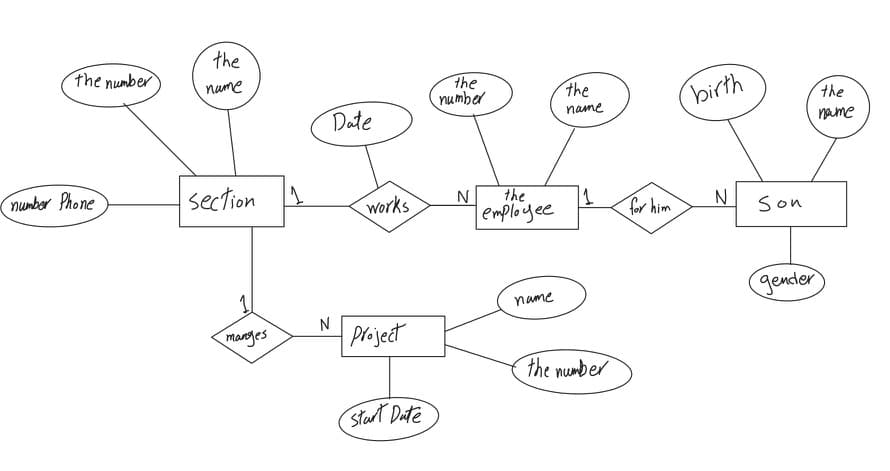 the
the number
The
number
name
the
birth
the
Date
name
name
number Phone
section
the
N
Works
employee
for him
N
Son
gender)
name
marges
N
Project
the number
Start Date
