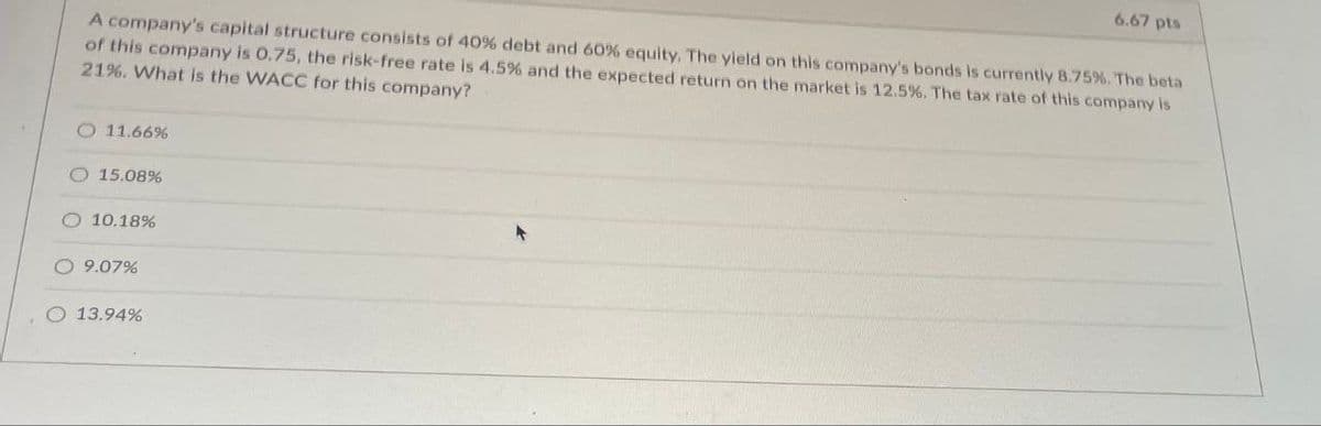 6.67 pts
A company's capital structure consists of 40% debt and 60% equity. The yield on this company's bonds is currently 8.75%. The beta
of this company is 0.75, the risk-free rate is 4.5% and the expected return on the market is 12.5%. The tax rate of this company is
21%. What is the WACC for this company?
O 11.66%
O 15.08%
O 10.18%
O 9.07%
13.94%