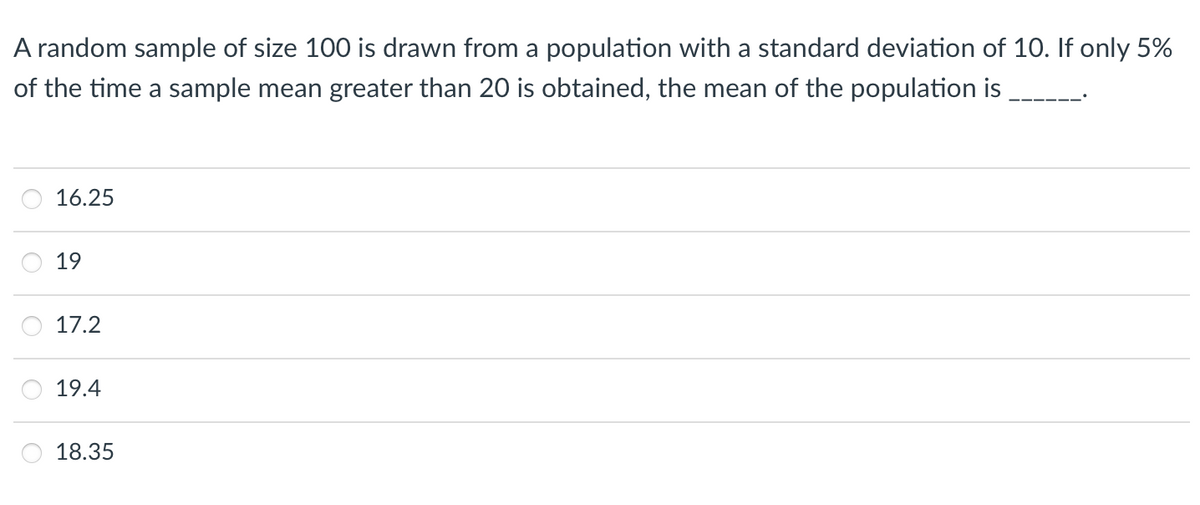 A random sample of size 100 is drawn from a population with a standard deviation of 10. If only 5%
of the time a sample mean greater than 20 is obtained, the mean of the population is
16.25
19
17.2
19.4
18.35
