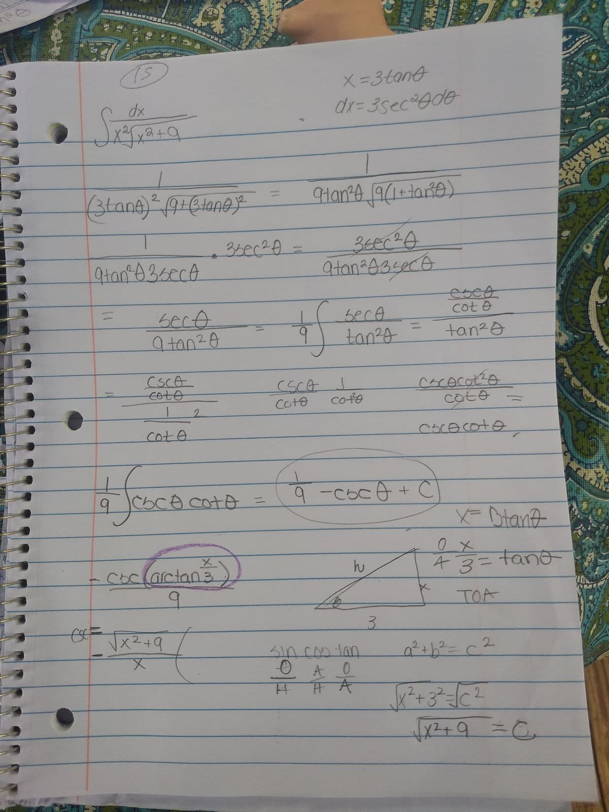 X=3tant
dr=3sec°0de
Han-e 9(1+tarie)
2.
3bec20=
esco
cot e
11
bece
9tan20
bece
%3D
tan20
tan20
cococatio
coto
coLo
Coto
cofe
cote
cococote
9 5Co coto
X-Dtant
coclarctan3
43=tano
TOA
3.
x2+9
sincomtan
