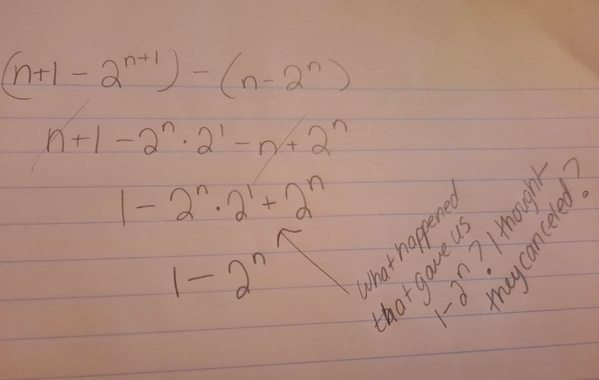 The image contains a mathematical expression with its simplification steps and a note querying a step in the process. Here is the transcription:

1. Original Expression:
   \[
   (n + 1 - 2^{n+1}) - (n - 2^n)
   \]

2. Simplified Step 1:
   \[
   n + 1 - 2^{n+1} - n + 2^n
   \]

3. Simplified Step 2:
   \[
   1 - 2^n \cdot 2^1 + 2^n
   \]

4. Final Simplified Expression:
   \[
   1 - 2^n
   \]

5. Note written beside the final expression:
   - "What happened that gave us \(1 - 2^n\)? I thought they canceled?"

This transcription highlights the simplification of a nested expression and a query regarding the cancellation of terms, leading to the final result.