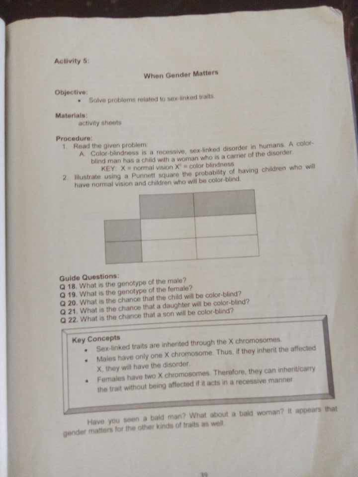 Activity 5:
Objective:
Materials:
When Gender Matters
Solve problems related to sex-linked traits.
activity sheets
Procedure:
1. Read the given problem
A Color-blindness is a recessive, sex-linked disorder in humans. A color-
blind man has a child with a woman who is a carrier of the disorder.
KEY X normal vision X color blindness
2. Illustrate using a Punnett square the probability of having children who will
have normal vision and children who will be color-blind.
Guide Questions:
Q 18. What is the genotype of the male?
Q 19. What is the genotype of the female?
Q 20. What is the chance that the child will be color-blind?
Q 21. What is the chance that a daughter will be color-blind?
Q 22. What is the chance that a son will be color-blind?
Key Concepts
•
Sex-linked traits are inherited through the X chromosomes.
Males have only one X chromosome. Thus, if they inherit the affected
X, they will have the disorder
Females have two X chromosomes. Therefore, they can inherit/carry
the trait without being affected if it acts in a recessive manner
Have you seen a bald man? What about a bald woman? It appears that
gender matters for the other kinds of traits as well.