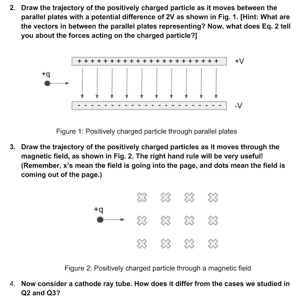 2. Draw the trajectory of the positively charged particle as it moves between the
parallel plates with a potential difference of 2V as shown in Fig. 1. [Hint: What are
the vectors in between the parallel plates representing? Now, what does Eq. 2 tell
you about the forces acting on the charged particle?]
+ + + + +
+ + + + + + + + + + + + + + + +
+V
+q
-V
Figure 1: Positively charged particle through parallel plates
3. Draw the trajectory of the positively charged particles as it moves through the
magnetic field, as shown in Fig. 2. The right hand rule will be very useful!
(Remember, x's mean the field is going into the page, and dots mean the field is
coming out of the page.)
+q
Figure 2: Positively charged particle through a magnetic field
4. Now consider a cathode ray tube. How does it differ from the cases we studied in
Q2 and Q3?
