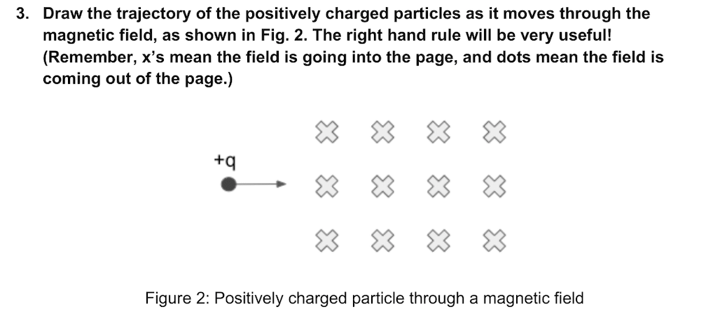 3. Draw the trajectory of the positively charged particles as it moves through the
magnetic field, as shown in Fig. 2. The right hand rule will be very useful!
(Remember, x's mean the field is going into the page, and dots mean the field is
coming out of the page.)
+q
Figure 2: Positively charged particle through a magnetic field
