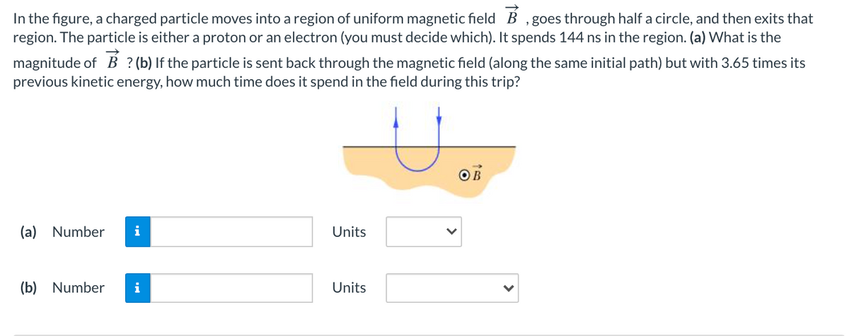 In the figure, a charged particle moves into a region of uniform magnetic field B , goes through half a circle, and then exits that
region. The particle is either a proton or an electron (you must decide which). It spends 144 ns in the region. (a) What is the
magnitude of B ?(b) lf the particle is sent back through the magnetic field (along the same initial path) but with 3.65 times its
previous kinetic energy, how much time does it spend in the field during this trip?
OB
(a) Number
i
Units
(b)
Number
i
Units
