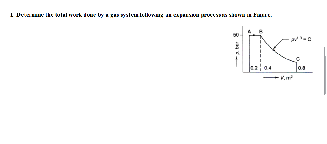 1. Determine the total work done by a gas system following an expansion process as shown in Figure.
A
50
pv1:3 = C
0.2 0.4
0.8
V, m3
→p, bar 8
