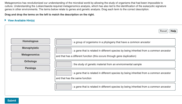 Metagenomics has revolutionized our understanding of the microbial world by allowing the study of organisms that had been impossible to
culture. Understanding the Lokiarchaeota required metagenomics analysis, which has also led to the identification of the eukaryotic signature
genes in other environments. The terms below relate to genes and genetic analysis. Drag each term to the correct description.
Drag and drop the terms on the left to match the description on the right.
▸ View Available Hint(s)
Submit
Homologous
Monophyletic
Metagenomics
Orthologs
Paralogs
and that has a different function (this occurs through gene duplication)
: the study of genetic material from an environmental sample
Reset
: a group of organisms in a phylogeny that have a common ancestor
: a gene that is related in different species by being inherited from a common ancestor
Help
and that has the same function
: a gene that is related in different species by being inherited from a common ancestor
: a gene that is related in different species by being inherited from a common ancestor