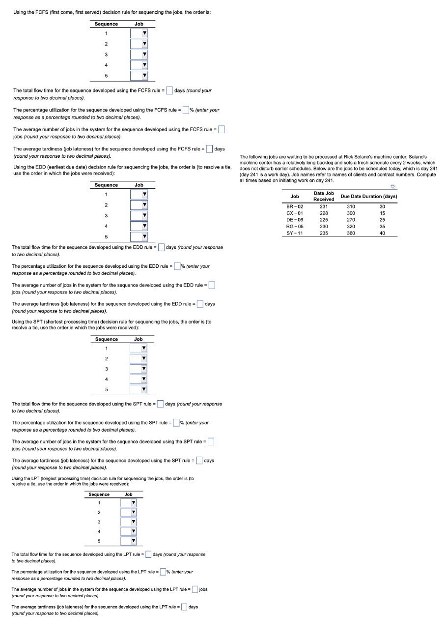 Using the FCFS (first come, first served) decision rule for sequencing the jobs, the order is:
Sequence
1
Job
2
3
4
The total flow time for the sequence developed using the FCFS rule = days (round your
response to two decimal places).
The percentage utilization for the sequence developed using the FCFS rule = % (enter your
response as a percentage rounded to two decimal places).
The average number of jobs in the system for the sequence developed using the FCFS rule = |
jobs (round your response to two decimal places).
The average tardiness (job lateness) for the sequence developed using the FCFS rule =
(round your response to two decimal places).
days
The following jobs are waiting to be processed at Rick Solano's machine center. Solano's
machine center has a relatively long backlog and sets a fresh schedule every 2 weeks, which
(day 241 is a work day). Job names refer to names of clients and contract numbers. Compute
all times based on initiating work on day 241.
Using the EDD (earliest due date) decision rule for sequencing the jobs, the order is (to resolve a tie, does not disturb earlier schedules. Below are the jobs to be scheduled today, which is day 241
use the order in which the jobs were received):
Sequence
Job
1
2
3
Job
Date Job
Received
Due Date Duration (days)
BR-02
231
310
30
CX-01
228
300
15
DE-06
225
270
25
RG-05
230
320
35
SY-11
235
360
40
The total flow time for the sequence developed using the EDD rule=
to two decimal places).
days (round your response
The percentage utilization for the sequence developed using the EDD rule = % (enter your
response as a percentage rounded to two decimal places).
The average number of jobs in the system for the sequence developed using the EDD rule =
jobs (round your response to two decimal places).
The average tardiness (job lateness) for the sequence developed using the EDD rule = days
(round your response to two decimal places).
Using the SPT (shortest processing time) decision rule for sequencing the jobs, the order is (to
resolve a tie, use the order in which the jobs were received):
Sequence
1
2
3
4
5
Job
The total flow time for the sequence developed using the SPT rule = [
to two decimal places).
days (round your response
The percentage utilization for the sequence developed using the SPT rule = % (enter your
response as a percentage rounded to two decimal places).
The average number of jobs in the system for the sequence developed using the SPT rule =
jobs (round your response to two decimal places).
The average tardiness (job lateness) for the sequence developed using the SPT rule = |
(round your response to two decimal places).
days
Using the LPT (longest processing time) decision rule for sequencing the jobs, the order is (to
resolve a tie, use the order in which the jobs were received):
Sequence
1
Job
2
3
4
The total flow time for the sequence developed using the LPT rule = days (round your response
to two decimal places).
The percentage utilization for the sequence developed using the LPT rule = % (enter your
response as a percentage rounded to two decimal places).
The average number of jobs in the system for the sequence developed using the LPT rule = jobs
(round your response to two decimal places).
The average tardiness (job lateness) for the sequence developed using the LPT rule = days
(round your response to two decimal places).