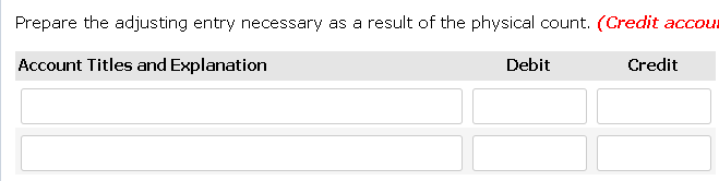 Prepare the adjusting entry necessary as a result of the physical count. (Credit accour
Account Titles and Explanation
Debit
Credit
