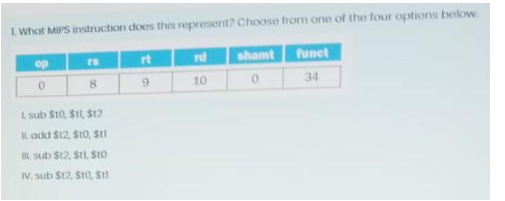 1 What MIPS instruction does this represent? Choose from one of the four options below.
op
0
16
8
L sub $t0, $t1, $12
I add $12, $t0,$t1
BL
sub $12, S1L $10
IV. sub $12, $t0, St
rt
9
rd
10
shamt funct
0
34