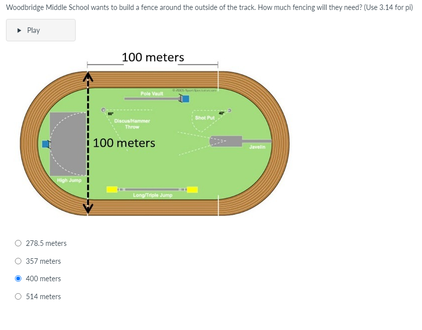 Woodbridge Middle School wants to build a fence around the outside of the track. How much fencing will they need? (Use 3.14 for pi)
• Play
100 meters
Pole Vault
Shot Put
Discus/Hammer
Throw
100 meters
Javelin
High Jump
Long/Triple Jump
O 278.5 meters
357 meters
400 meters
O 514 meters
