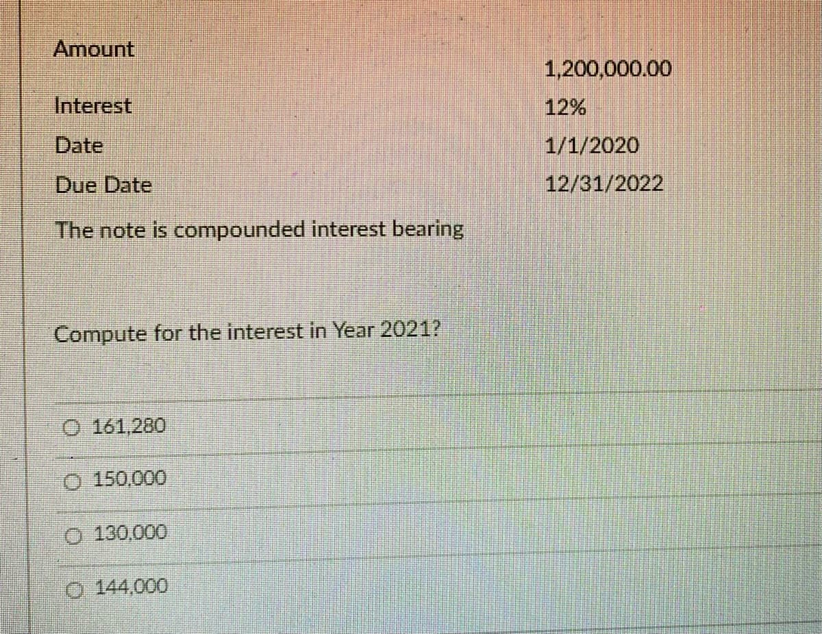 Amount
1,200,000.00
Interest
12%
1/1/2020
12/31/2022
Date
Due Date
The note is compounded interest bearing
Compute for the interest in Year 2021?
O 161,280
O 150,000
O 130,000
O 144,000
