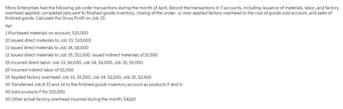 Micro Enterprises had the following job order transactions during the month of April. Record the transactions in T-accounts, including issuance of materials, labor, and factory
overhead applied; completed jobs sent to finished goods inventory, closing of the under- or over-applied factory overhead to the cost of goods sold account, and sales of
finished goods. Calculate the Gross Profit on Job 33.
Apr
1 Purchased materials on account, $35,000
10 Issued direct materials to Job 33, $10,000
11 Issued direct materials to Job 34, $8,000
12 Issued direct materials to Job 35, $11,000, issued indirect materials of $1,500
25 Incurred direct labor: Job 33, $6,000, Job 34, $4,000, Job 35, $5,000
25 Incurred indirect labor of $5,000
25 Applied factory overhead: Job 33, $6,500, Job 34, $2,200, Job 35, $2,600
30 Transferred Job # 33 and 34 to the finished goods inventory account as products F and G
30 Sold products F for $35,000
30 Other actual factory overhead incurred during the month: $4220