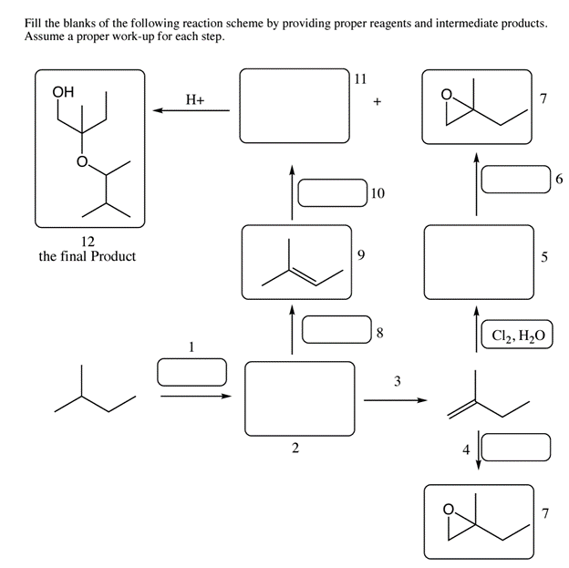 Fill the blanks of the following reaction scheme by providing proper reagents and intermediate products.
Assume a proper work-up for each step.
OH
12
the final Product
H+
DI
11
ㅁ
2
10
8
3
7
ㅁㅁ
5
Cl2, H2O
7