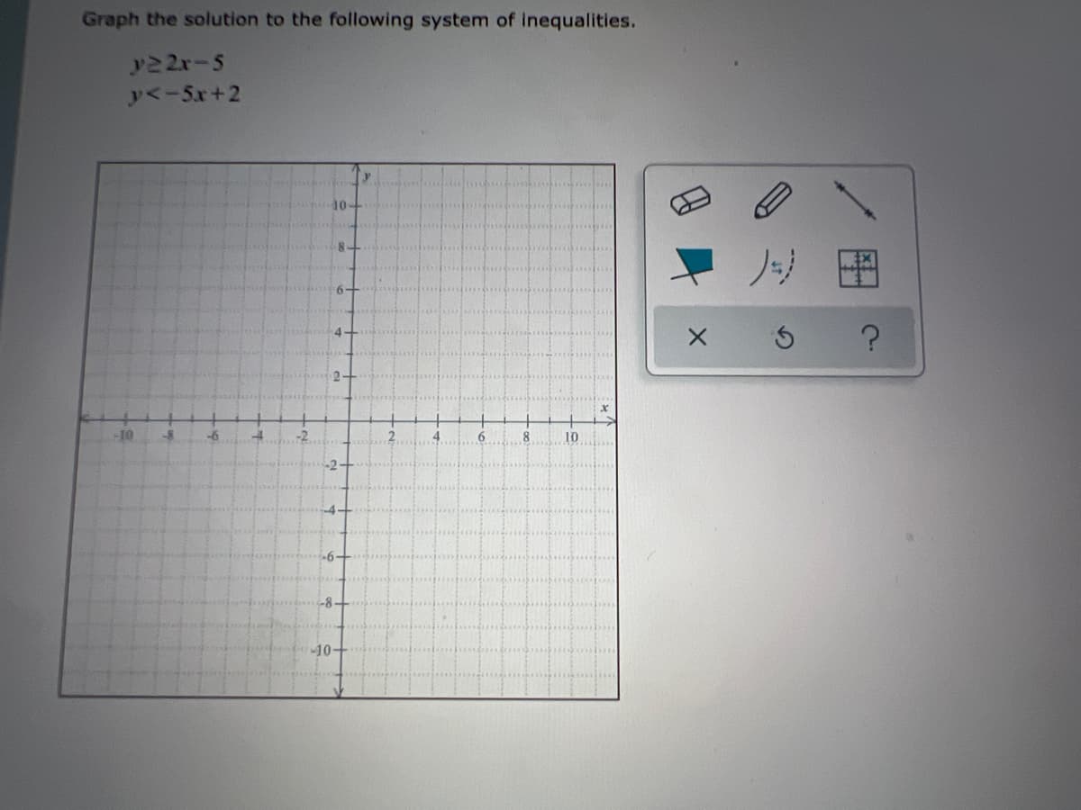 Graph the solution to the following system of inequalities.
y22r-5
y<-5x+2
10+
ノ 田
6+
-10
-6
-2.
6
10
-6-
10+
