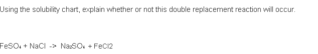 Using the solubility chart, explain whether or not this double replacement reaction will occur.
FeSO4 + NaCl -> Na2SO4 + FeCl2