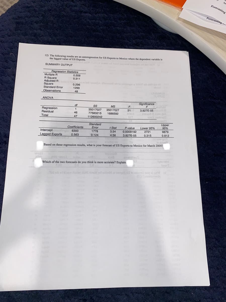 Forecasting
Forecasting..
12) The following results are an autoregression for US Exports to Mexico where the dependent variable is
the lagged value of US Exports.
LN ld bo A
SUMMARY OUTPUT
Regression Statistics
Multiple R
R Square
Adjusted R lt
Square
Standard Error
Observations
0.558
0.311
o o b A ee o lo o t
0.296
1299
48
YRAMMUS
TUSTUO
ANOVA
Significance
df
MS
Regression
Residual
Total
F
210
BE8.0
FRelotu
3.827E-05aupe a
eupe A bolmubA
Yona bsbnat2
enotovieedO
35017027
77583215
35017027
46
1686592
47
112600242
SET
Standard
Error
1778
0.124
Upper
Lower 95%AV 95%
9879
0.812
Coefficients
t Stat
P-value
Interceptnoigle 6300
Lagged Exports
3.54
0.0009192
2721
0.563
4.56
3.827E-05
0.315
1888S08A
1888S8
esasa
ublass
Based on these regression results, what is your forecast of US Exports to Mexico for March 2005?
bnebneta
rae 1owo
ainololiteo
fgeavatnl
bna T
Which of the two forecasts do you think is more accurate? Explain.
a.ca
0.0
se
0 d bluow doirlw) c00s donM 1o) ootzaM ol nog 2U to aool oy ai rfW (d
(on moi do
