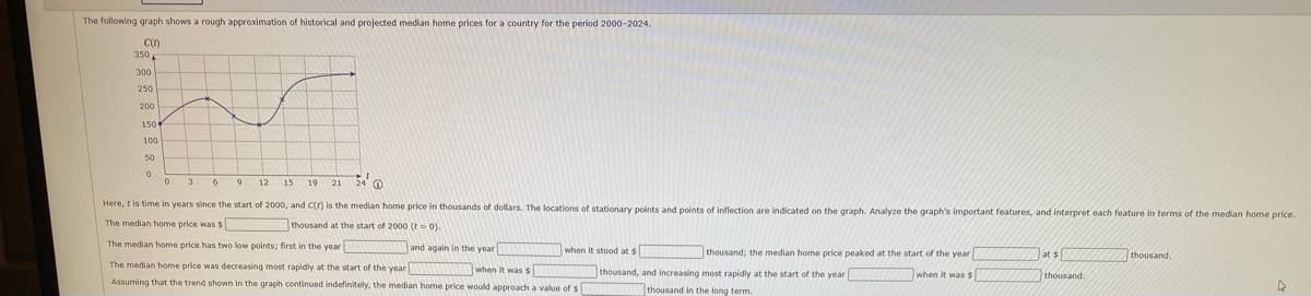 ---

**Historical and Projected Median Home Prices (2000-2024)**

The following graph shows a rough approximation of historical and projected median home prices for a country for the period 2000-2024.

![Graph showing home prices](graph_image_placeholder)

- **Y-axis (Vertical):** Median Home Price (in thousands of dollars)
- **X-axis (Horizontal):** Years since the start of 2000 (t)

The graph illustrates the median home price, C(t), over 24 years. Specific points, such as stationary points and points of inflection, are indicated. 

### Key Features:

1. **Median Home Price in 2000:** 
    - Starting point (t = 0)
    - \( C(0) \) = **___** thousand dollars.

2. **Low Points:** 
    - First low: Year t = **___**, Price = **___** thousand dollars.
    - Second low: Year t = **___**, Price = **___** thousand dollars.

3. **Peaks:** 
    - Year t = **___**: Maximum Price = **___** thousand dollars.

4. **Trends:**
    - Decreasing most rapidly: Start of year **___**, Price = **___** thousand dollars.
    - Increasing most rapidly: Start of year **___**, Price = **___** thousand dollars.

### Long-Term Projection:

Assuming the trends continue indefinitely:
- Median home price is expected to approach **___** thousand dollars in the long term.

This analysis provides insight into the fluctuations and overall trajectory of median home prices in this time period, offering a helpful reference for economic and real estate studies.

---