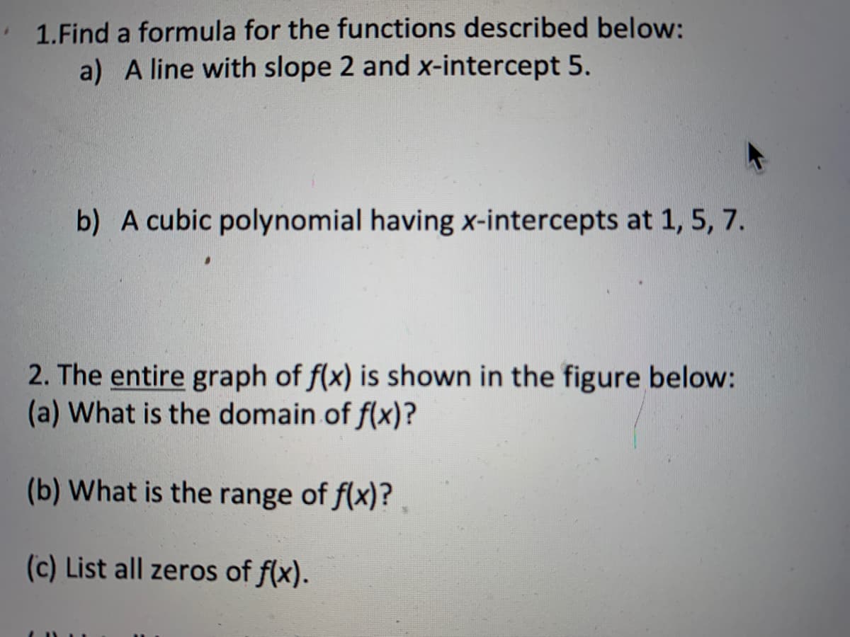 1.Find a formula for the functions described below:
a) A line with slope 2 and x-intercept 5.
b) A cubic polynomial having x-intercepts at 1, 5, 7.
2. The entire graph of f(x) is shown in the figure below:
(a) What is the domain of f(x)?
(b) What is the range of f(x)?
(c) List all zeros of f(x).
