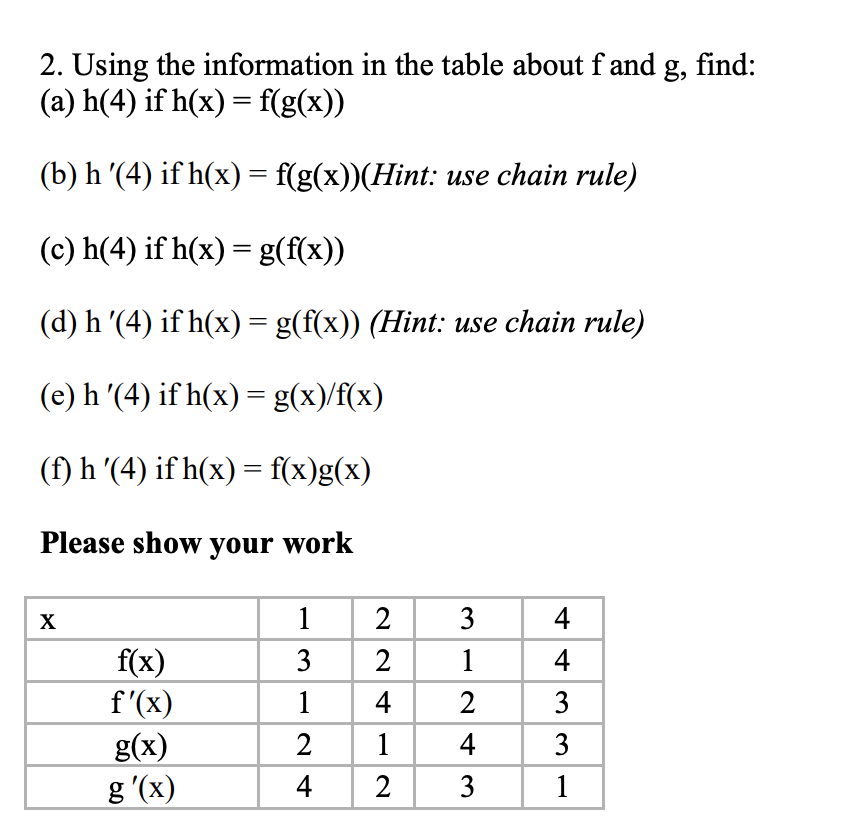 2. Using the information in the table about f and g, find:
(a) h(4) if h(x) = f(g(x))
(b) h '(4) if h(x) = f(g(x))(Hint: use chain rule)
(c) h(4) if h(x) = g(f(x))
(d) h '(4) if h(x) = g(f(x)) (Hint: use chain rule)
(e) h '(4) if h(x) = g(x)/f(x)
(f) h '(4) if h(x) = f(x)g(x)
Please show your work
X
1
4
f(x)
f'(x)
3
2
1
4
1
4
2
g(x)
2
1
4
3
g '(x)
4
2
3
1
3.
3.
