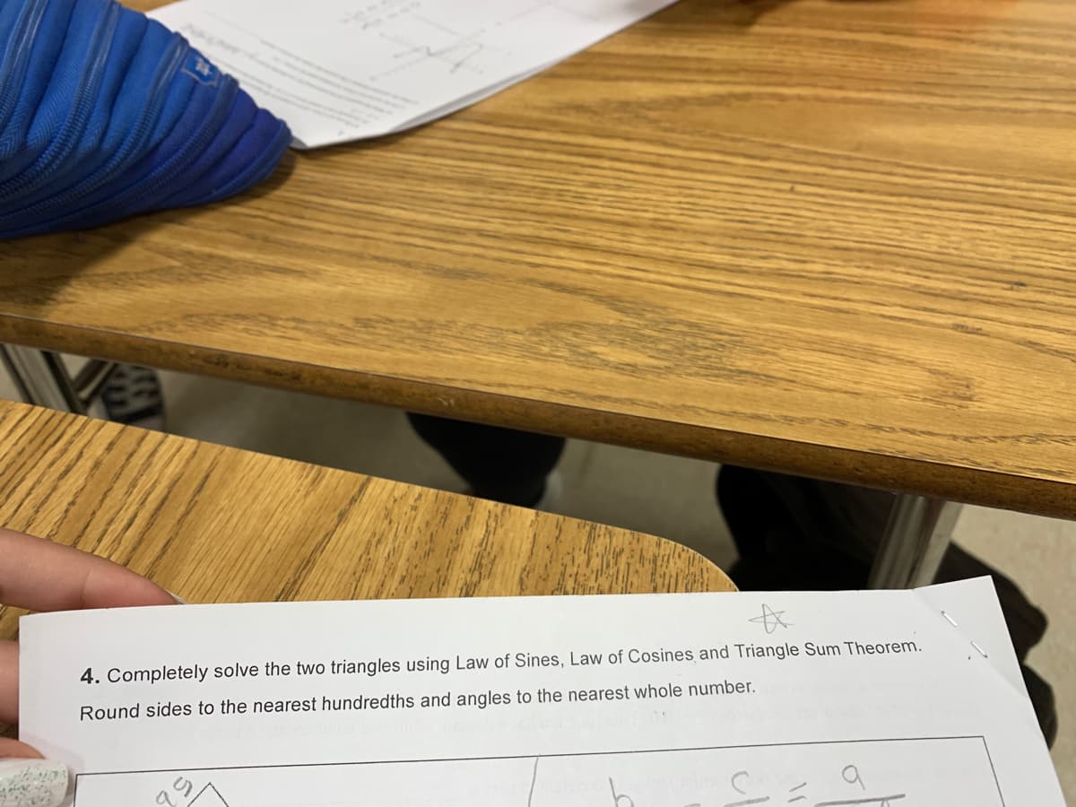 Va
4. Completely solve the two triangles using Law of Sines, Law of Cosines and Triangle Sum Theorem.
Round sides to the nearest hundredths and angles to the nearest whole number.
95
