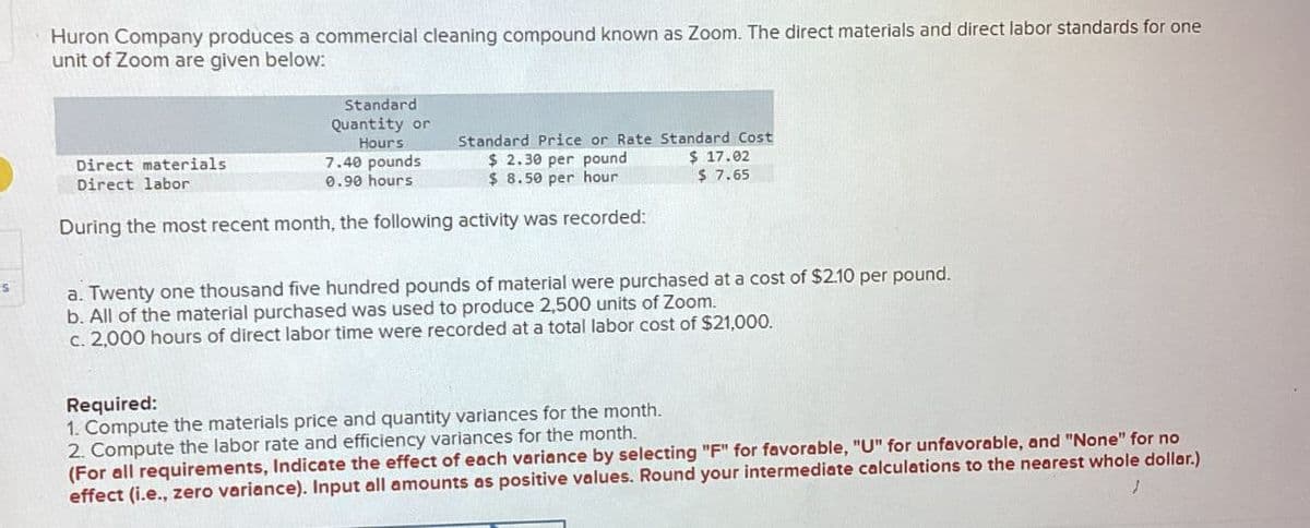 s
Huron Company produces a commercial cleaning compound known as Zoom. The direct materials and direct labor standards for one
unit of Zoom are given below:
Direct materials
Direct labor
Standard
Quantity or
Hours
7.40 pounds
0.90 hours
Standard Price or Rate Standard Cost
$ 2.30 per pound
$8.50 per hour
During the most recent month, the following activity was recorded:
$ 17.02
$ 7.65
a. Twenty one thousand five hundred pounds of material were purchased at a cost of $2.10 per pound.
b. All of the material purchased was used to produce 2,500 units of Zoom.
c. 2,000 hours of direct labor time were recorded at a total labor cost of $21,000.
Required:
1. Compute the materials price and quantity variances for the month.
2. Compute the labor rate and efficiency variances for the month.
(For all requirements, Indicate the effect of each variance by selecting "F" for favorable, "U" for unfavorable, and "None" for no
effect (i.e., zero variance). Input all amounts as positive values. Round your intermediate calculations to the nearest whole dollar.)