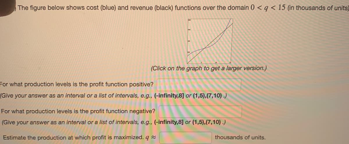 The figure below shows cost (blue) and revenue (black) functions over the domain 0 < q < 15 (in thousands of units)
(Click on the graph to get a larger version.)
For what production levels is the profit function positive?
(Give your answer as an interval or a list of intervals, e.g., (-infinity,8] or (1,5),(7,10) .)
For what production levels is the profit function negative?
(Give your answer as an interval or a list of intervals, e.g., (-infinity,8] or (1,5),(7,10) .)
Estimate the production at which profit is maximized. q =
thousands of units.
