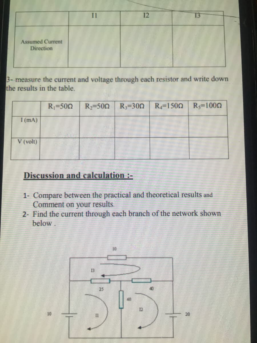 I
12
T3
Assumed Current
Direction
3- measure the current and voltage through each resistor and write down
the results in the table.
R1=500
R2=500 R3-300 R-1500
Rs=1000
I (mA)
V (volt)
Discussion and calculation :-
1- Compare between the practical and theoretical results and
Comment on your results.
2- Find the current through each branch of the network shown
below.
10
13
25
60
II
20
