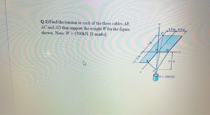 Q.1)Find the tension in each of the three cables AB,
AC and AD that support the weight W for the figure
shown. Note: W = 1500kN. [8 marks]
12 m, 15m
25 m
W=1500 KN
