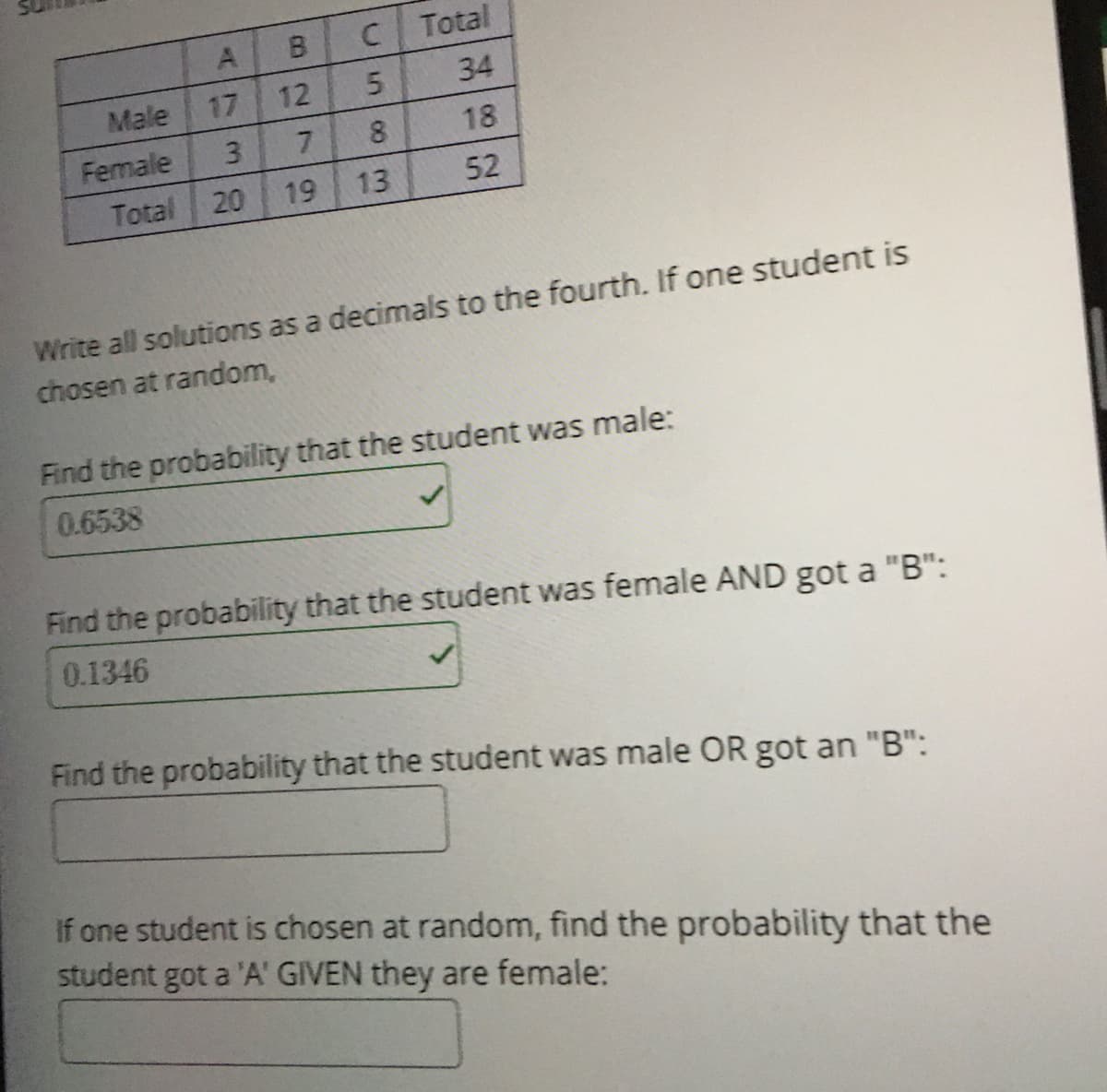 Total
Male
17
12
34
3.
8
18
Female
Total 20
19
13
52
Write all solutions as a decimals to the fourth. If one student is
chosen at random,
Find the probability that the student was male:
0.6538
Find the probability that the student was female AND got a "B":
0.1346
Find the probability that the student was male OR got an "B":
If one student is chosen at random, find the probability that the
student got a 'A' GIVEN they are female:
5.
00
