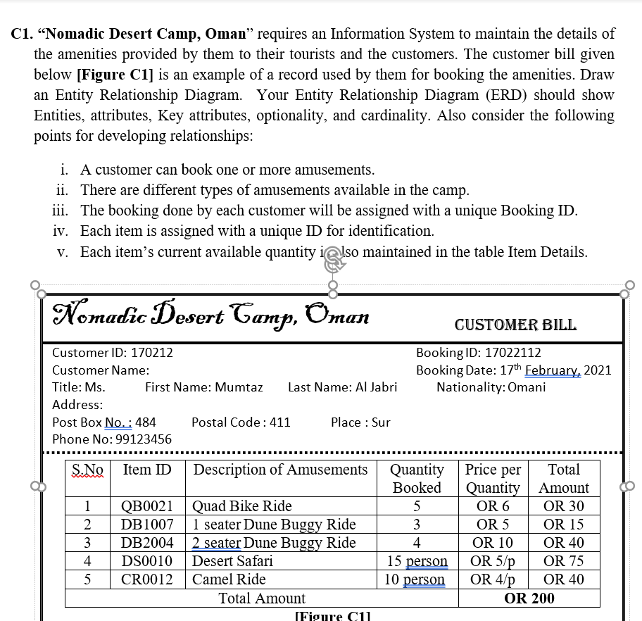 C1. “Nomadic Desert Camp, Oman" requires an Information System to maintain the details of
the amenities provided by them to their tourists and the customers. The customer bill given
below [Figure C1] is an example of a record used by them for booking the amenities. Draw
an Entity Relationship Diagram. Your Entity Relationship Diagram (ERD) should show
Entities, attributes, Key attributes, optionality, and cardinality. Also consider the following
points for developing relationships:
i. A customer can book one or more amusements.
ii. There are different types of amusements available in the camp.
iii. The booking done by each customer will be assigned with a unique Booking ID.
iv. Each item is assigned with a unique ID for identification.
v. Each item's current available quantity ialso maintained in the table Item Details.
Nemadic Desert Camp, Oman
CUSTOMER BILL
Booking ID: 17022112
Booking Date: 17th February, 2021
Nationality: Omani
Customer ID: 170212
Customer Name:
Title: Ms.
First Name: Mumtaz
Last Name: Al Jabri
Address:
Post Box No. :484
Postal Code: 411
Place : Sur
Phone No: 99123456
S.No Item ID
Quantity Price per
Quantity
OR 6
Description of Amusements
Total
Booked
Amount
QB0021 Quad Bike Ride
DB1007
1
5
OR 30
1 seater Dune Buggy Ride
DB2004 2 seater Dune Buggy Ride
2
3
OR 5
OR 15
3
4
OR 10
OR 40
OR 5/p
OR 4/p
OR 200
Desert Safari
15 person
10 person
4
DS0010
OR 75
CRO012
Camel Ride
OR 40
Total Amount
[Figure Ci1
