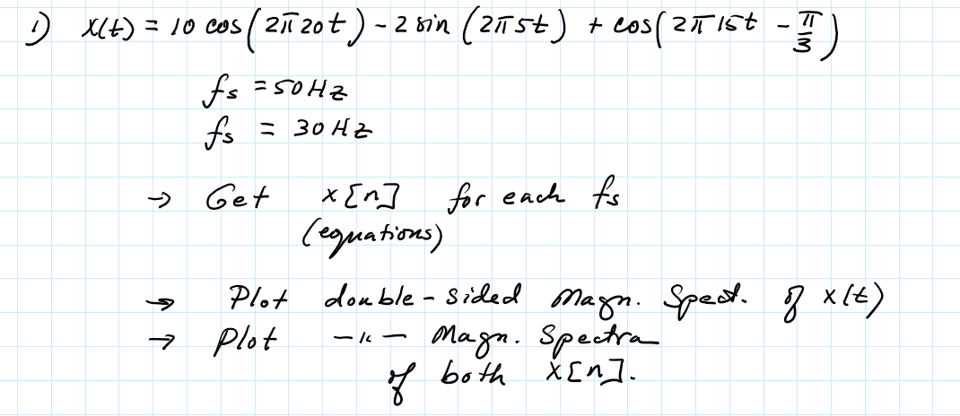 ) xet) = 10 00s (2ñ20t)- 2 sin (215t) + cos(2T Ist -)
+ Cos(2T15t
ZHOS= sf
= 30 Hz
fo
* En] for each fs
(eguations)
->
Get
Plot donble- Sided Mayn. Sped. 8 x(t)
7 Plot
Magn. Spectra
both X [n].
