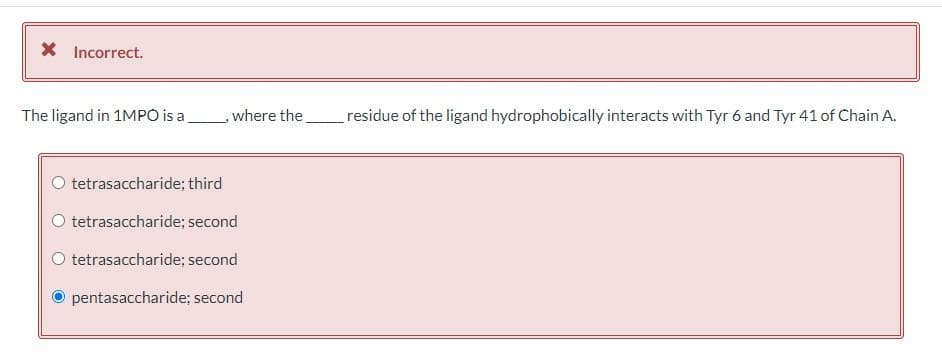 X Incorrect.
The ligand in 1MPO is a
where the
residue of the ligand hydrophobically interacts with Tyr 6 and Tyr 41 of Chain A.
tetrasaccharide; third
tetrasaccharide; second
tetrasaccharide; second
pentasaccharide; second
