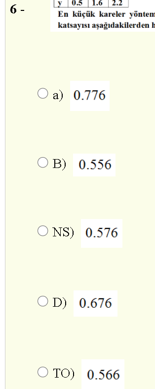 Ly | 0.5 | 1.6 2.2
6 -
En küçük kareler yöntem
katsayısı aşağıdakilerden h
a) 0.776
B) 0.556
O NS) 0.576
O D) 0.676
TO) 0.566
