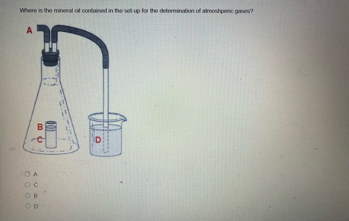 Where is the mineral oil contained in the set-up for the determination of atmoshperic gases?
A
ID
OB
O O O O
