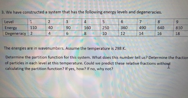 3. We have constructed a system that has the following energy levels and degeneracies.
Level
4
5
6.
8.
6.
Energy
Degeneracy 2
110
40
90
160
250
360
490
640
810
4
6.
8
10
12
14
16
18
The energies are in wavenumbers. Assume the temperature is 298 K.
Determine the partition function for this system. What does this number tell us? Determine the fraction
of particles in each level at this temperature. Could we predict these relative fractions without
calculating the partition function? If yes, how? If no, why not?
